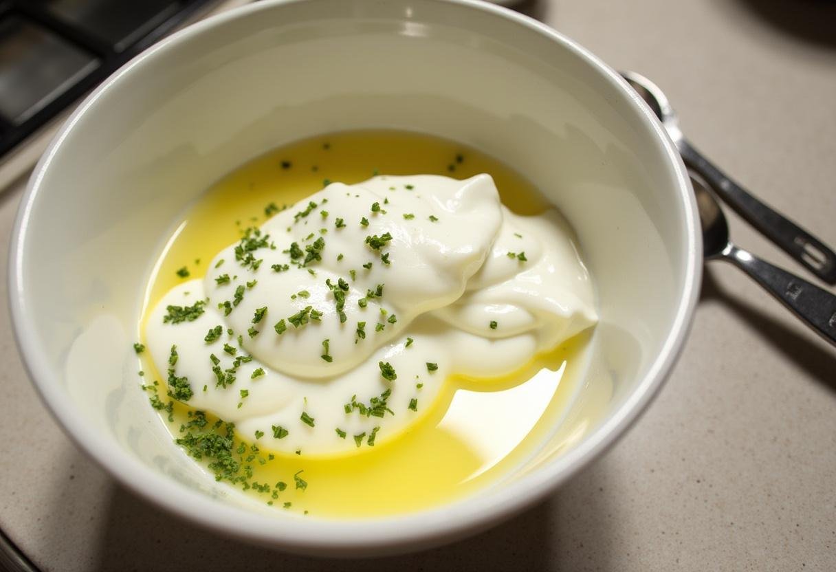 Ingredientes para molho de iogurte em uma tigela: iogurte, suco de limão e ervas picadas.