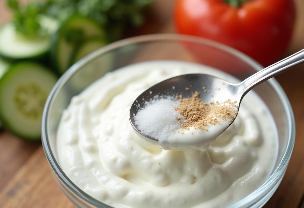 Adicionando sal e pimenta ao molho de iogurte para salada.