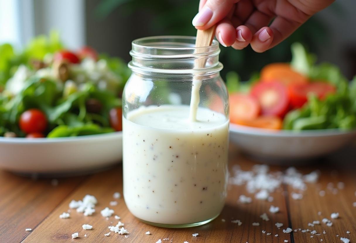 Molho de iogurte light sendo armazenado em um recipiente para salada.
