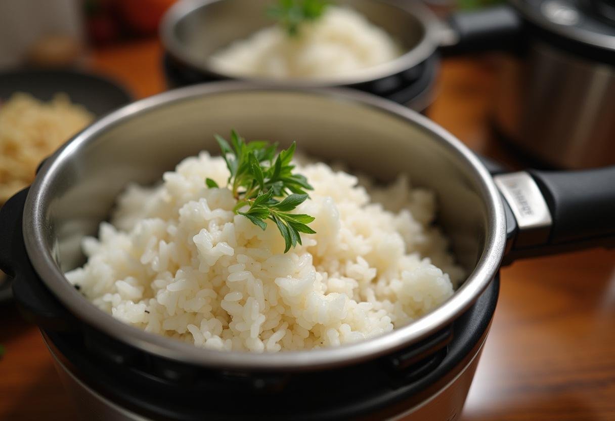 Perfectly cooked fluffy rice served from a panela de arroz eletrica, ready for the meal.