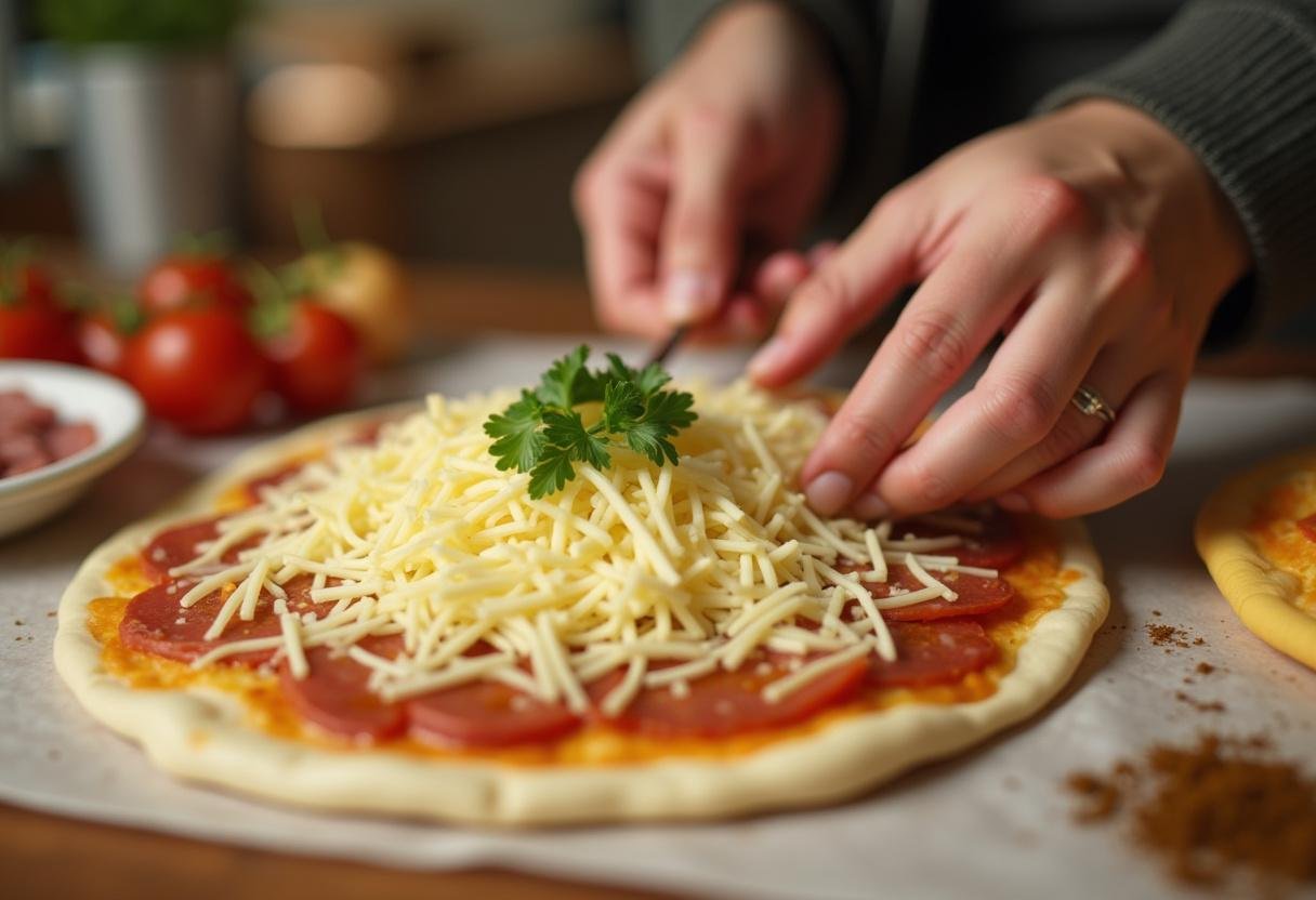 Placing cheese and herbs on flattened dough for pão recheado receita preparation.