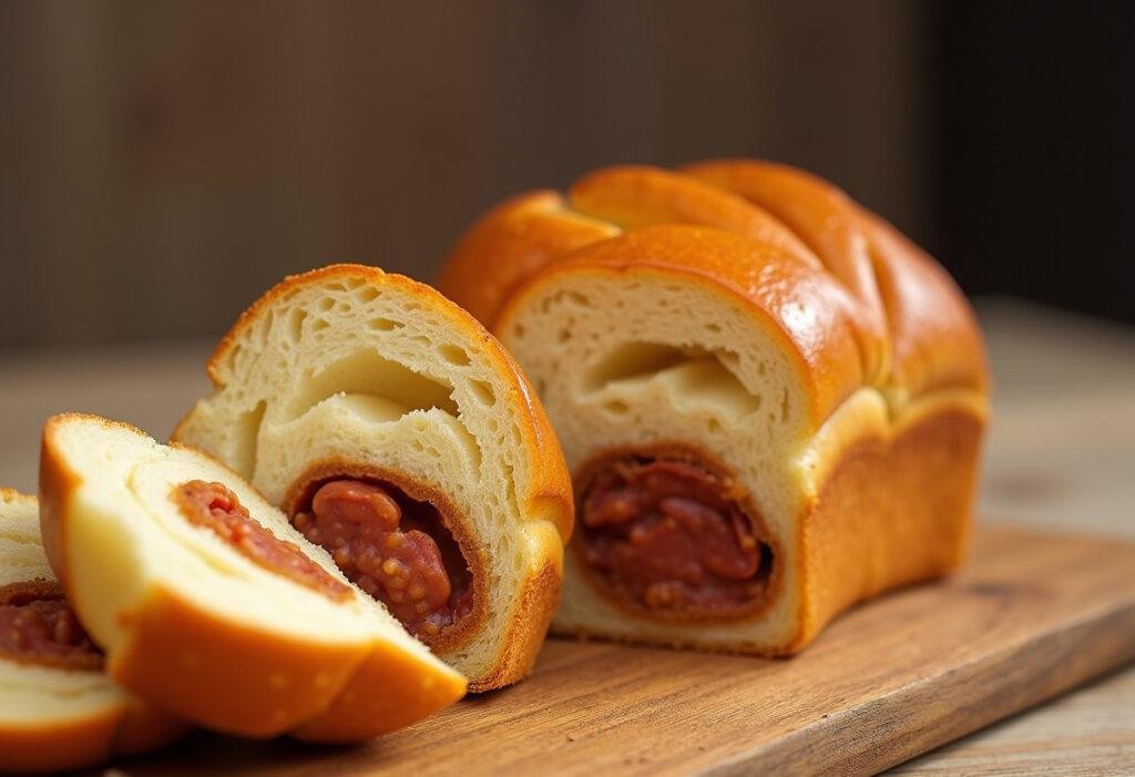 Pão com chouriço recém-assado, perfeito para ser servido em qualquer refeição.
