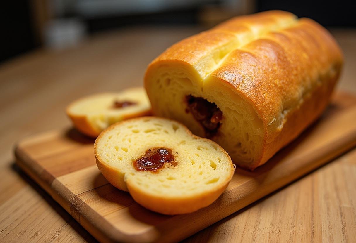 Pão com chouriço recém-assado, perfeito para ser servido em qualquer refeição.