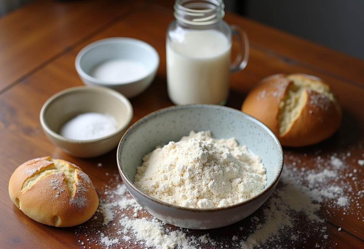 Ingredientes para fazer pão com chouriço, incluindo farinha, fermento, água e sal.