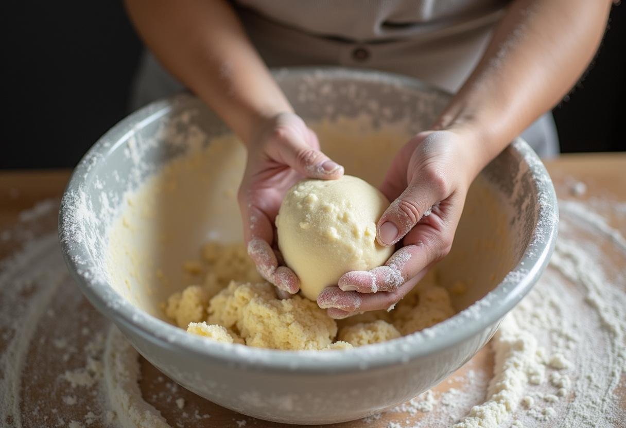 Massa de pão com chouriço sendo amassada em uma superfície enfarinhada.