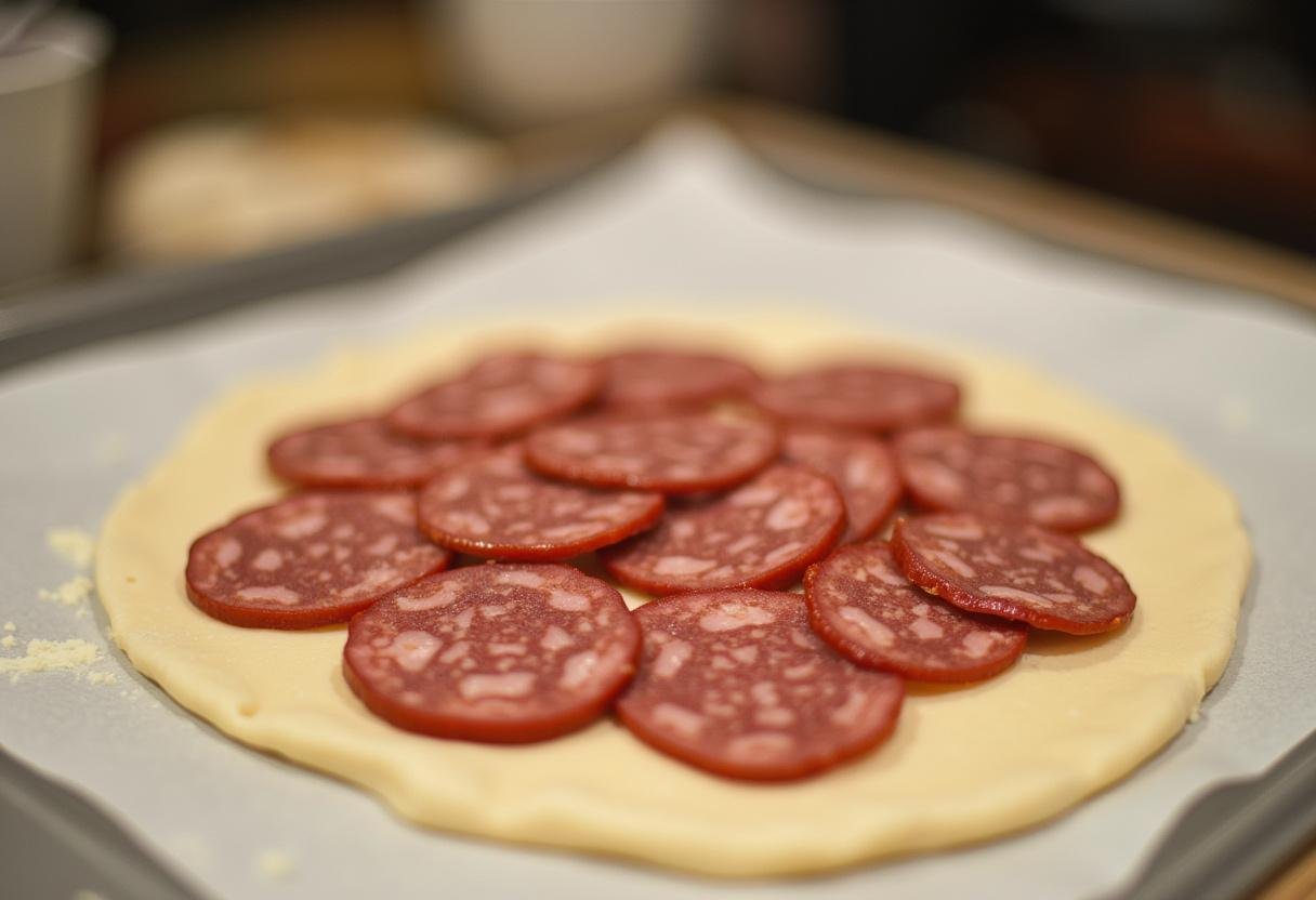 Chouriço fatiado preparado para ser adicionado à massa de pão com chouriço.