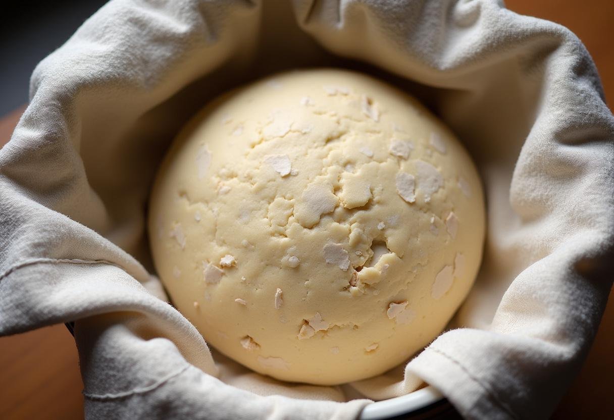 Massa de pão com chouriço descansando coberta com um pano de prato para crescer.