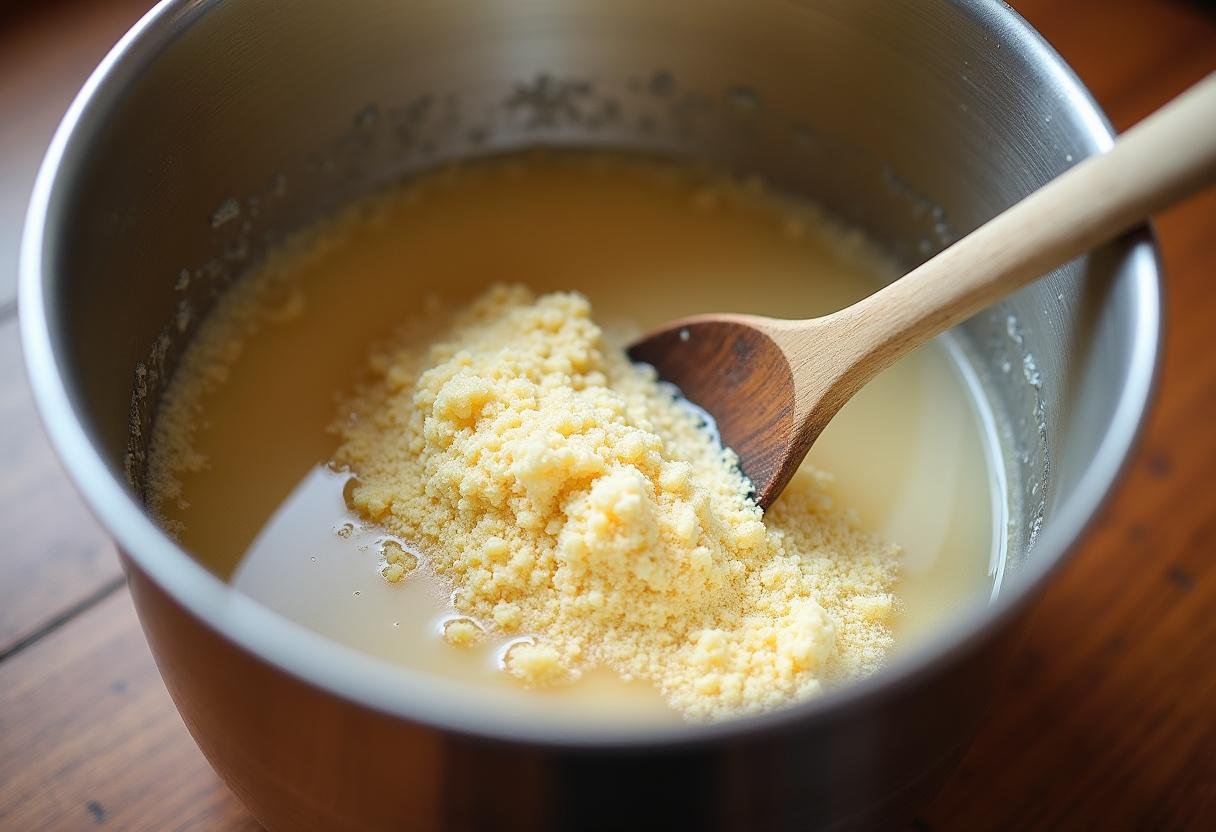 Yeast blooming in warm water, essential for making pão da avó caseiro bread.