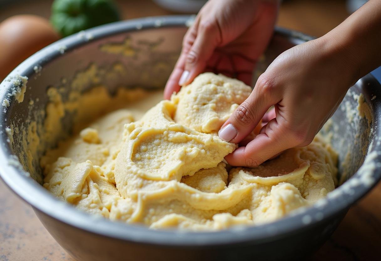 Kneading dough for pão da avó caseiro, showcasing the artisanal bread-making process.