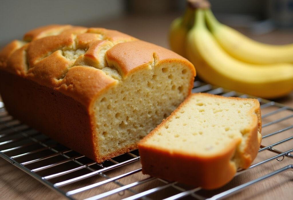 Finished banana pão loaf with a slice showing its moist texture, perfect for enjoying at home.