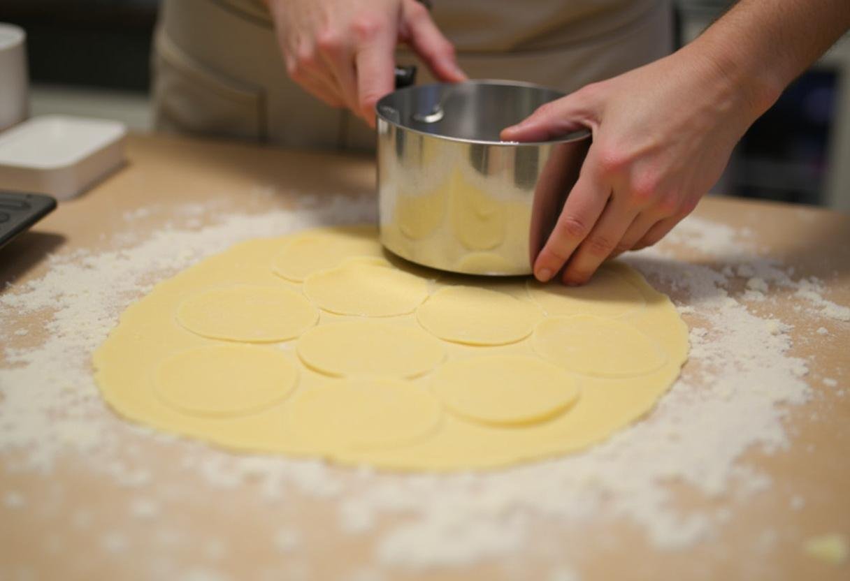 Cortando a massa para preparar pastéis de nata crocantes.