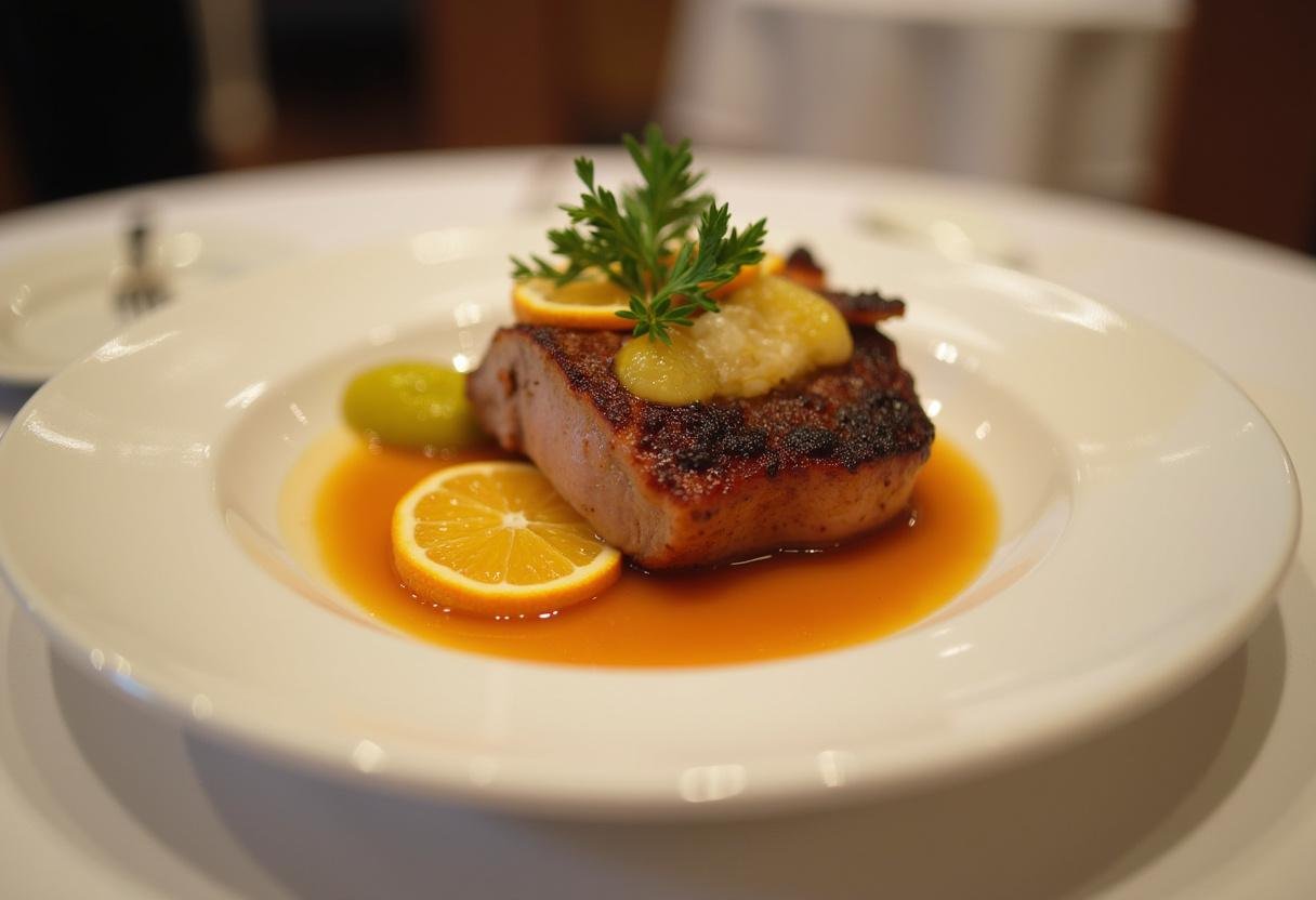 Pato com laranja gourmet pronto para servir, prato decorativo com ervas frescas e fatias de laranja.