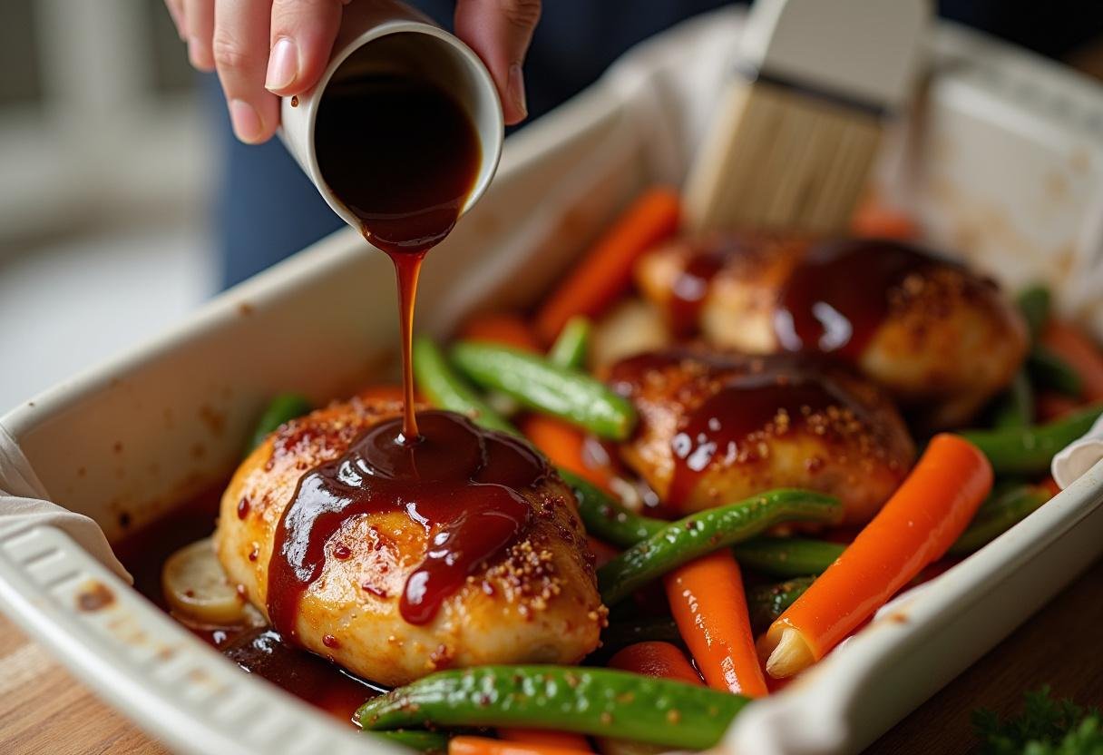 Molho teriyaki sendo adicionado ao peito de frango no forno com legumes.