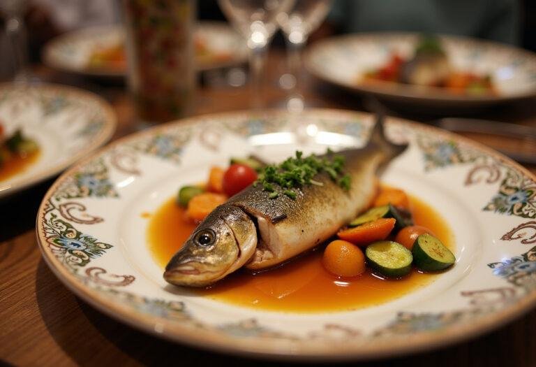 Prato final de peixe lírio grelhado com vegetais coloridos, perfeito para um jantar especial.