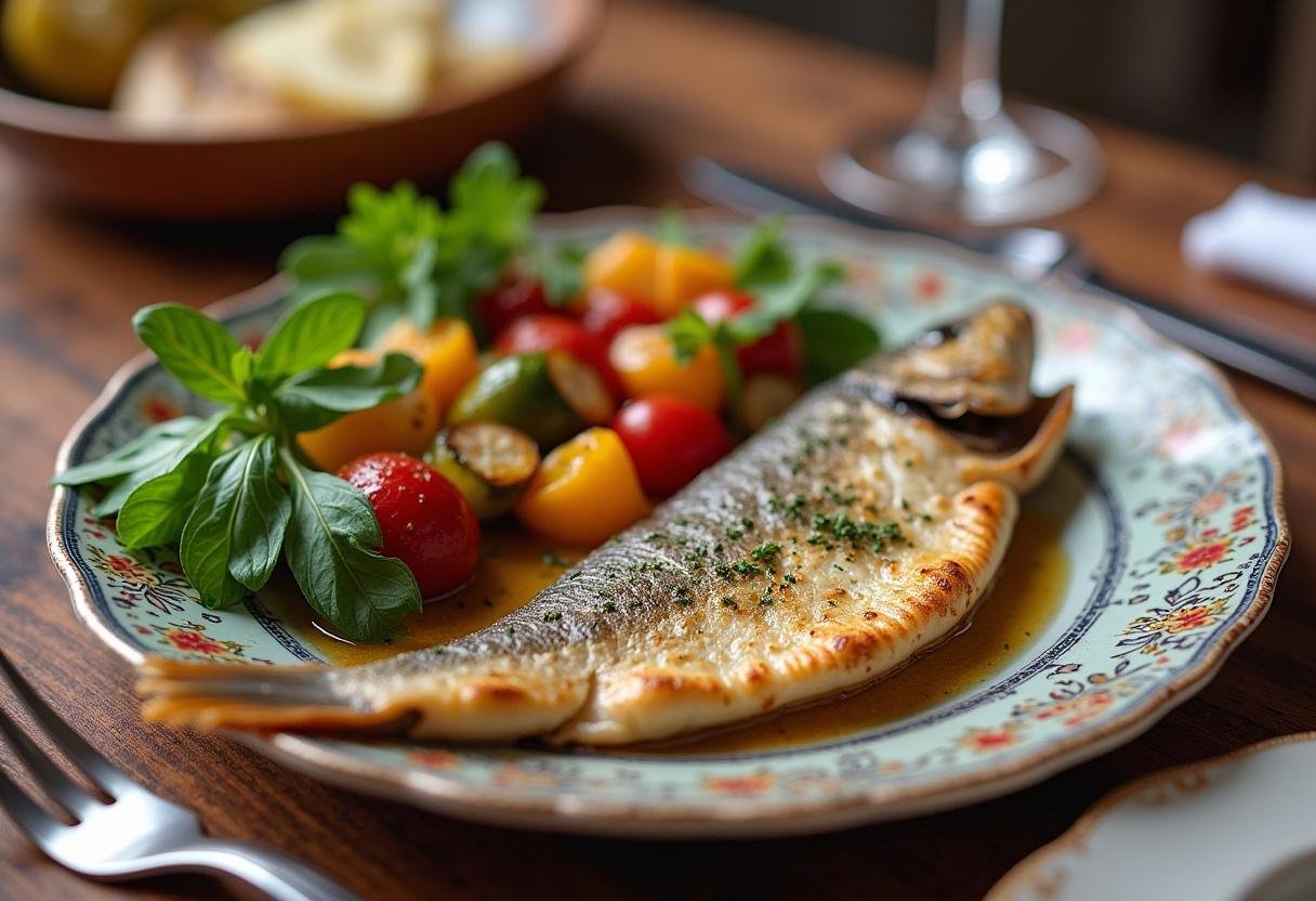 Prato final de peixe lírio grelhado com vegetais coloridos, perfeito para um jantar especial.