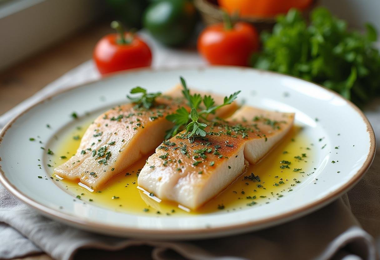 Filés de peixe lírio marinados prontos para grelhar, mostrando frescor e qualidade.