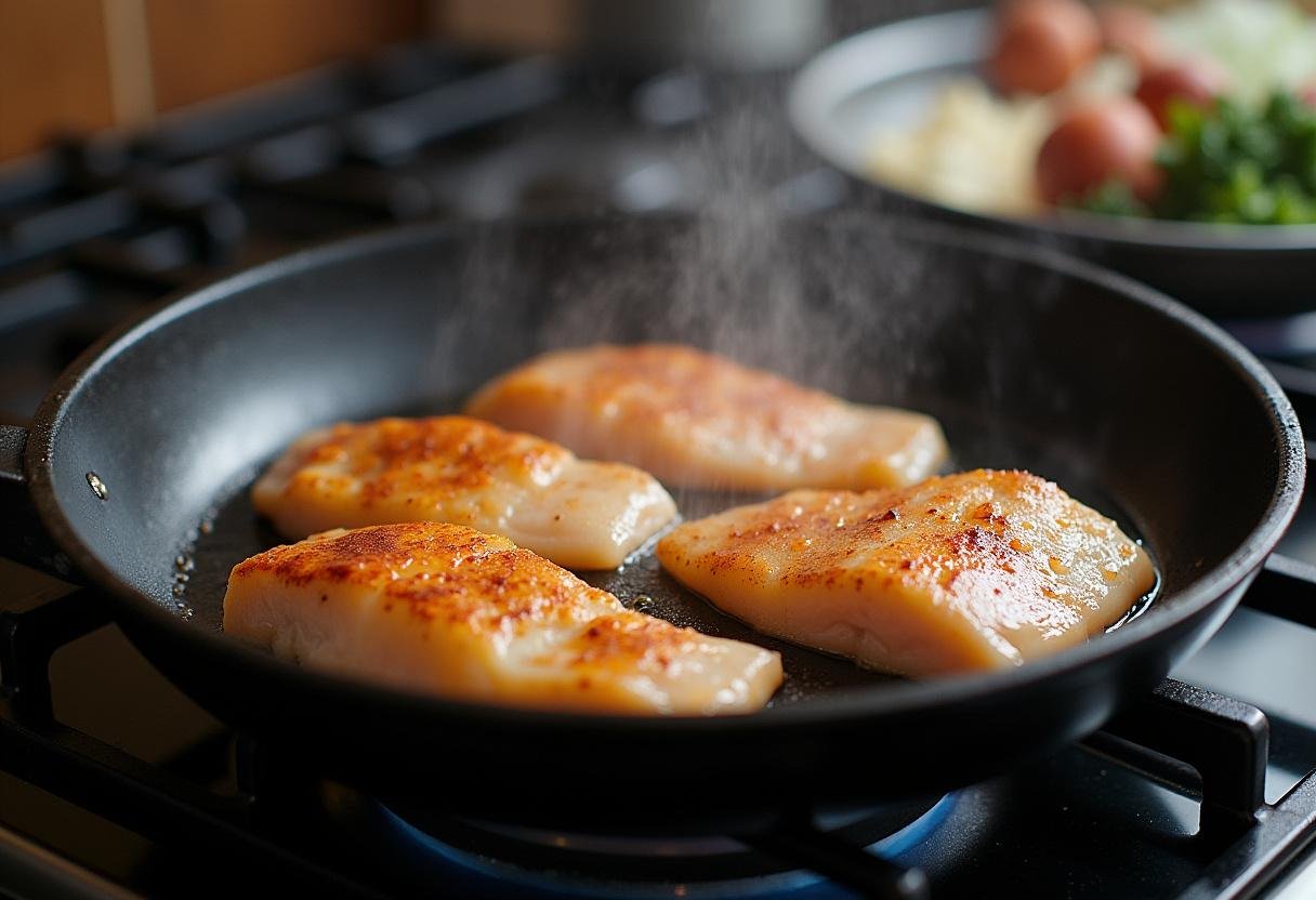 Peixe lírio sendo grelhado em uma panela, criando um sabor delicioso durante o preparo.