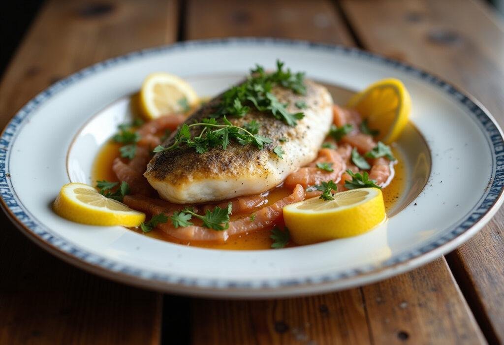 Finished dish of peixe palhaço, a tasty tempered clownfish meal ready to be enjoyed.