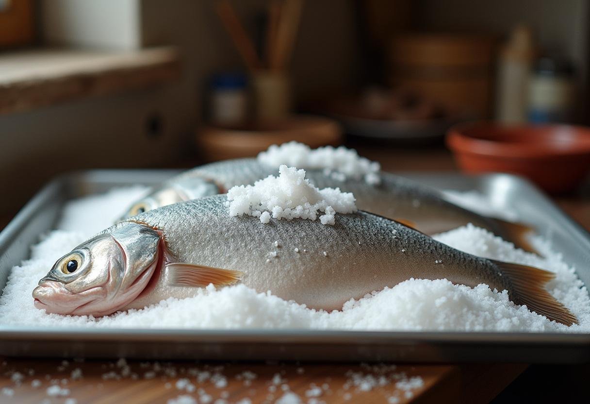 Pregado peixe on a bed of coarse sea salt for preparing Peixe Pregado ao Sal.