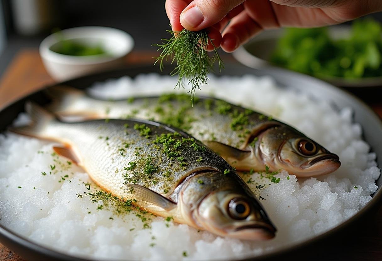 Fresh herbs added to the pregado peixe on salt for Peixe Pregado ao Sal recipe.