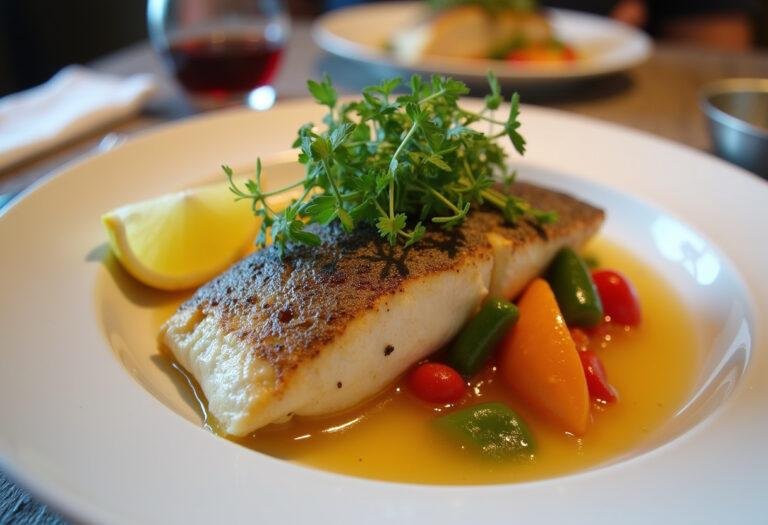 Prato final de peixe ruivo em papillote, decorado com ervas e legumes frescos.