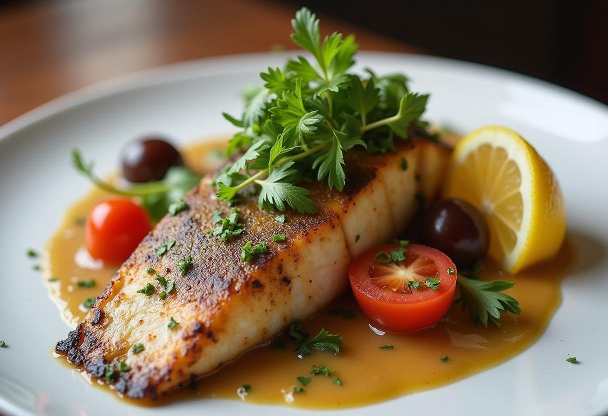 Prato final de peixe ruivo em papillote, decorado com ervas e legumes frescos.