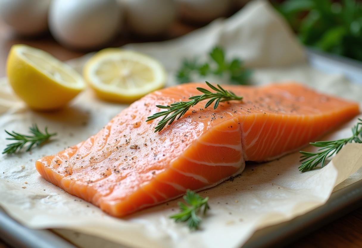 Preparando peixe ruivo em papelote com limão e ervas frescas.