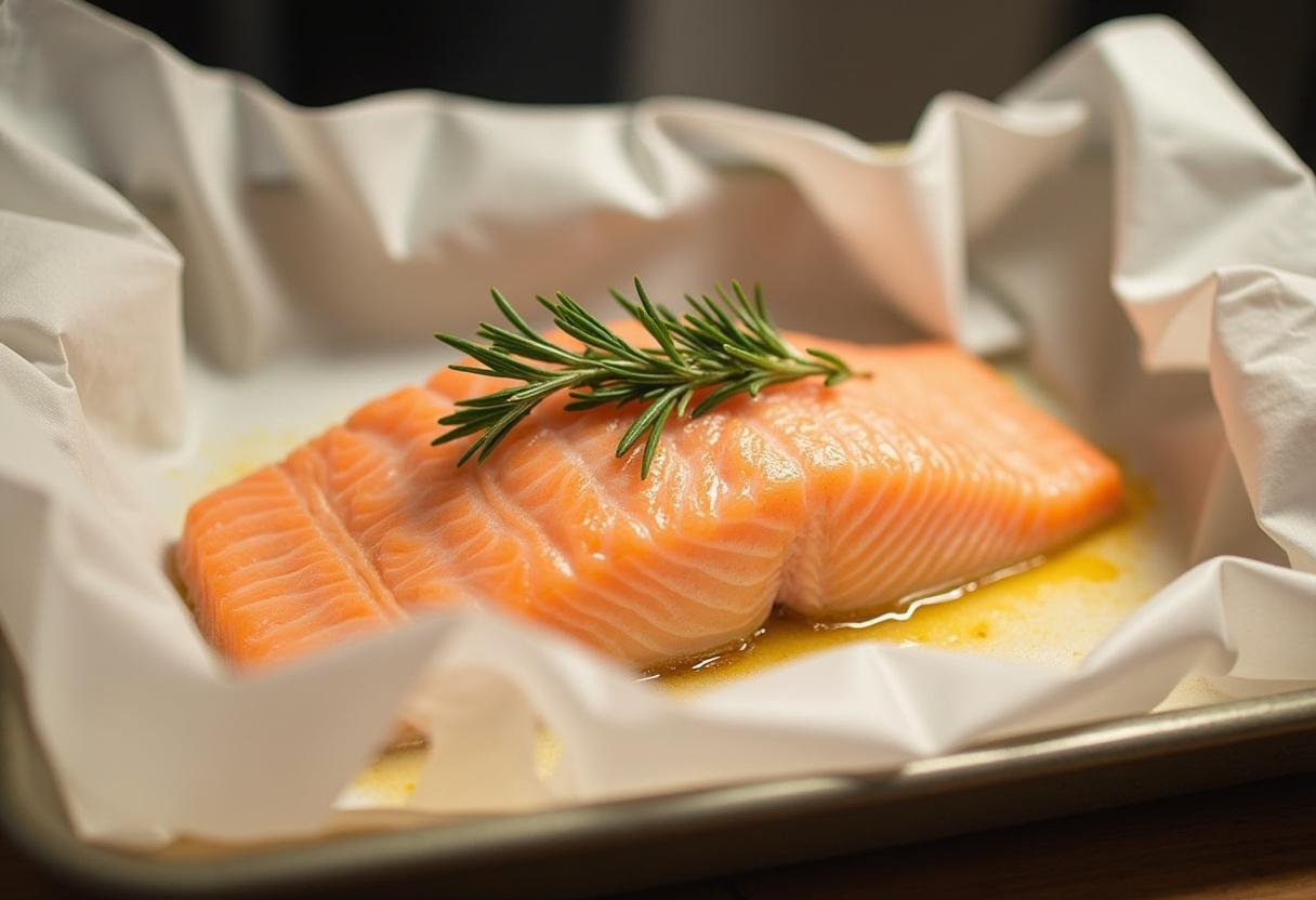 Peixe ruivo embrulhado em papelote, pronto para assar no forno.