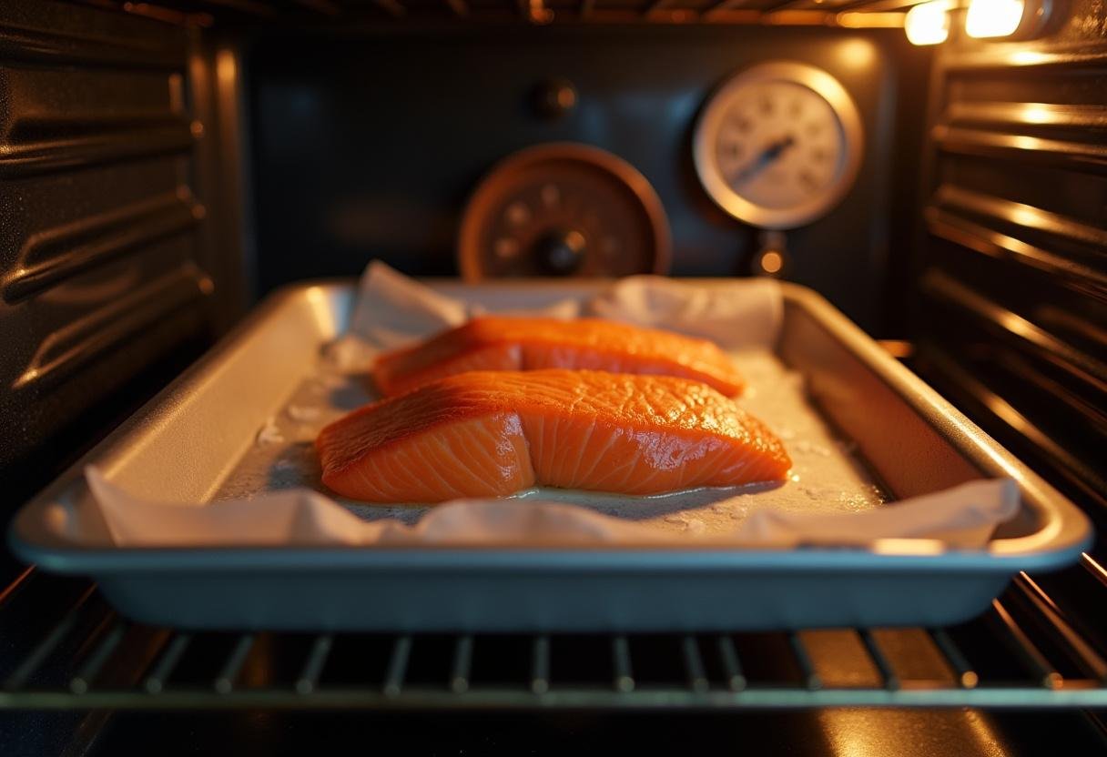 Assando peixe ruivo em papelote no forno aquecido.