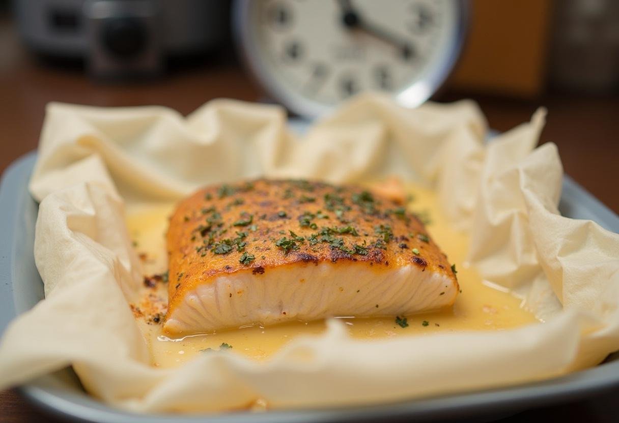 Peixe ruivo em papelote começando a cozinhar no forno.
