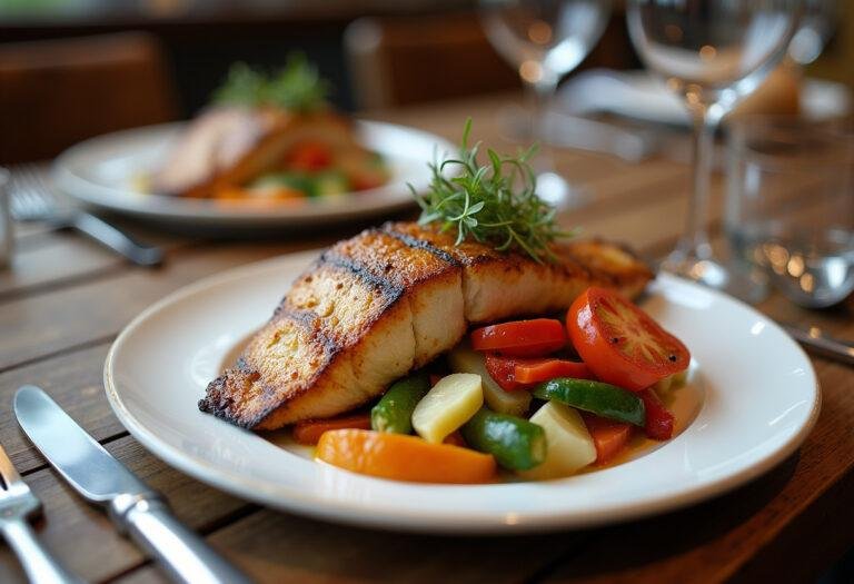 Prato de peixe vermelho grelhado com vegetais coloridos, ideal para uma refeição especial.