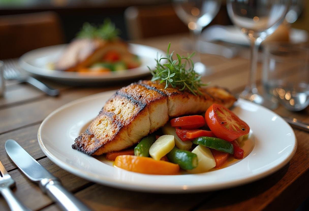 Prato de peixe vermelho grelhado com vegetais coloridos, ideal para uma refeição especial.