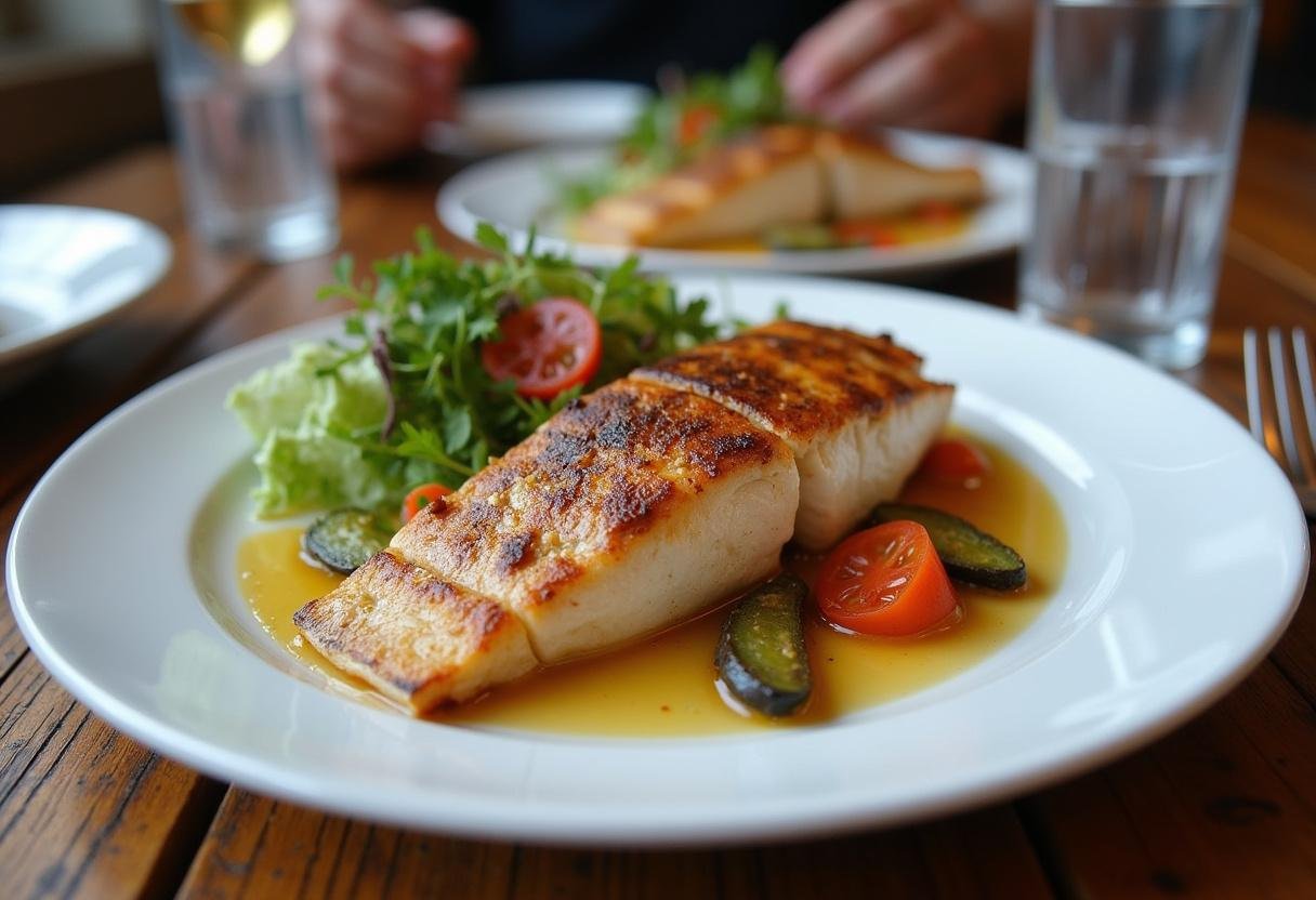 Prato de peixe vermelho grelhado com vegetais coloridos, ideal para uma refeição especial.