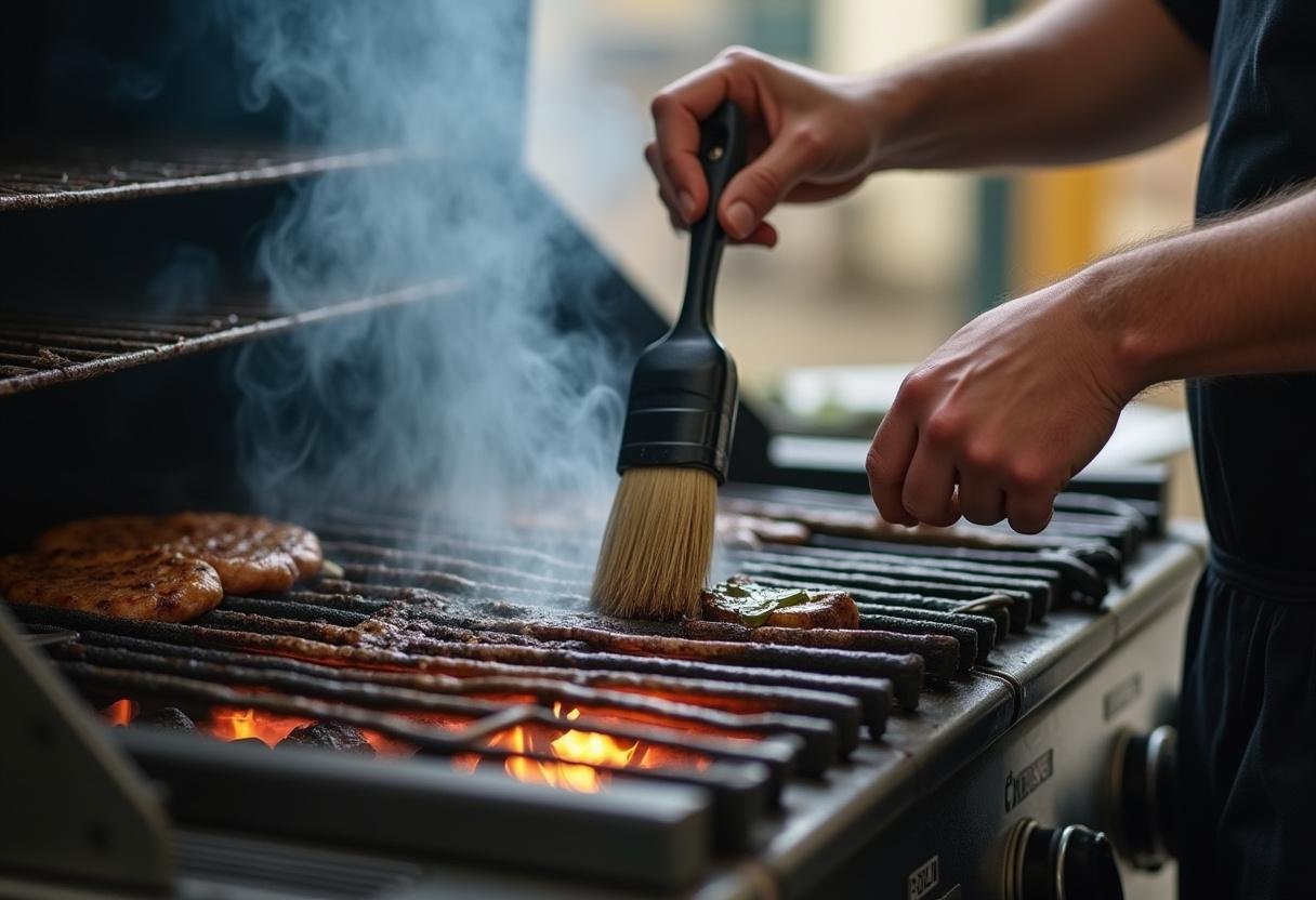 Grelha sendo preparada com azeite para grelhar o peixe vermelho.