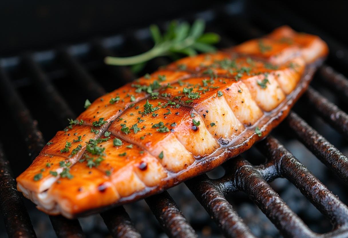 Peixe vermelho sendo grelhado, com marcas da grelha visĂveis durante o cozimento.