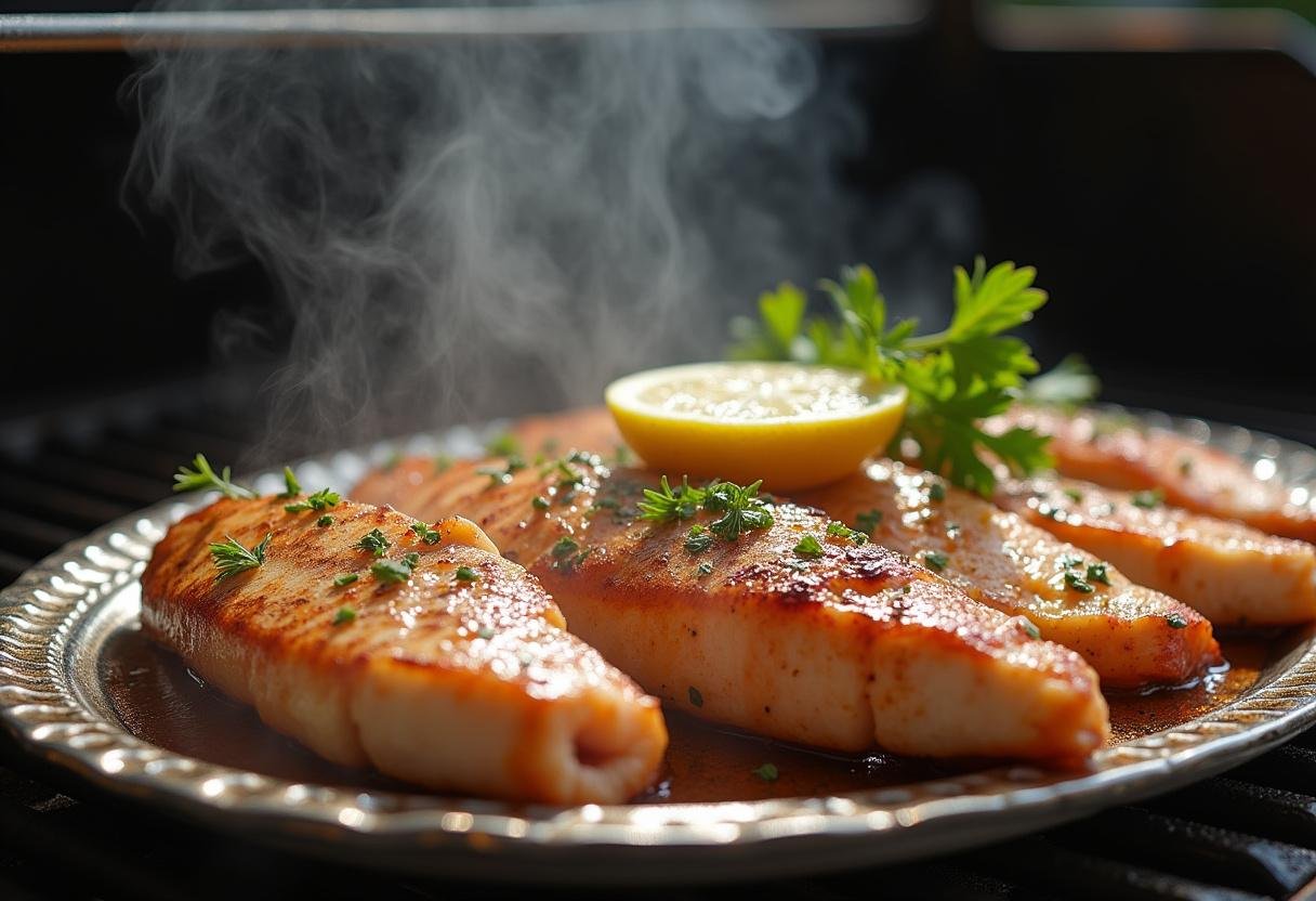 Peixe vermelho grelhado sendo retirado da grelha e servido com limĂŁo e ervas.