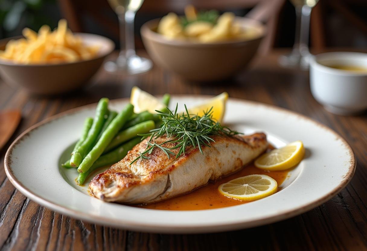 Peixe ao vapor simples servido com legumes, ideal para um almoço saudável.