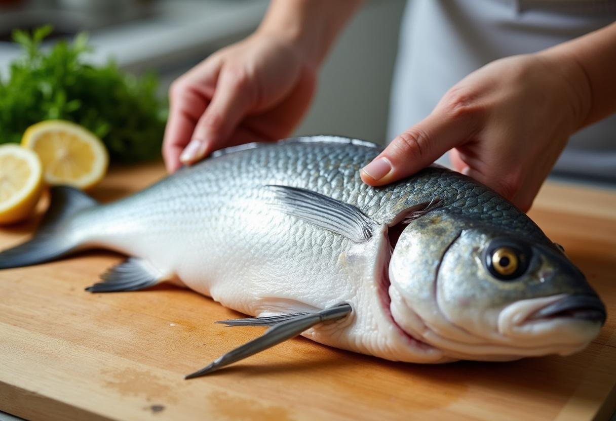 Peixe fresco limpo e preparado para a receita de peixe ao vapor simples.