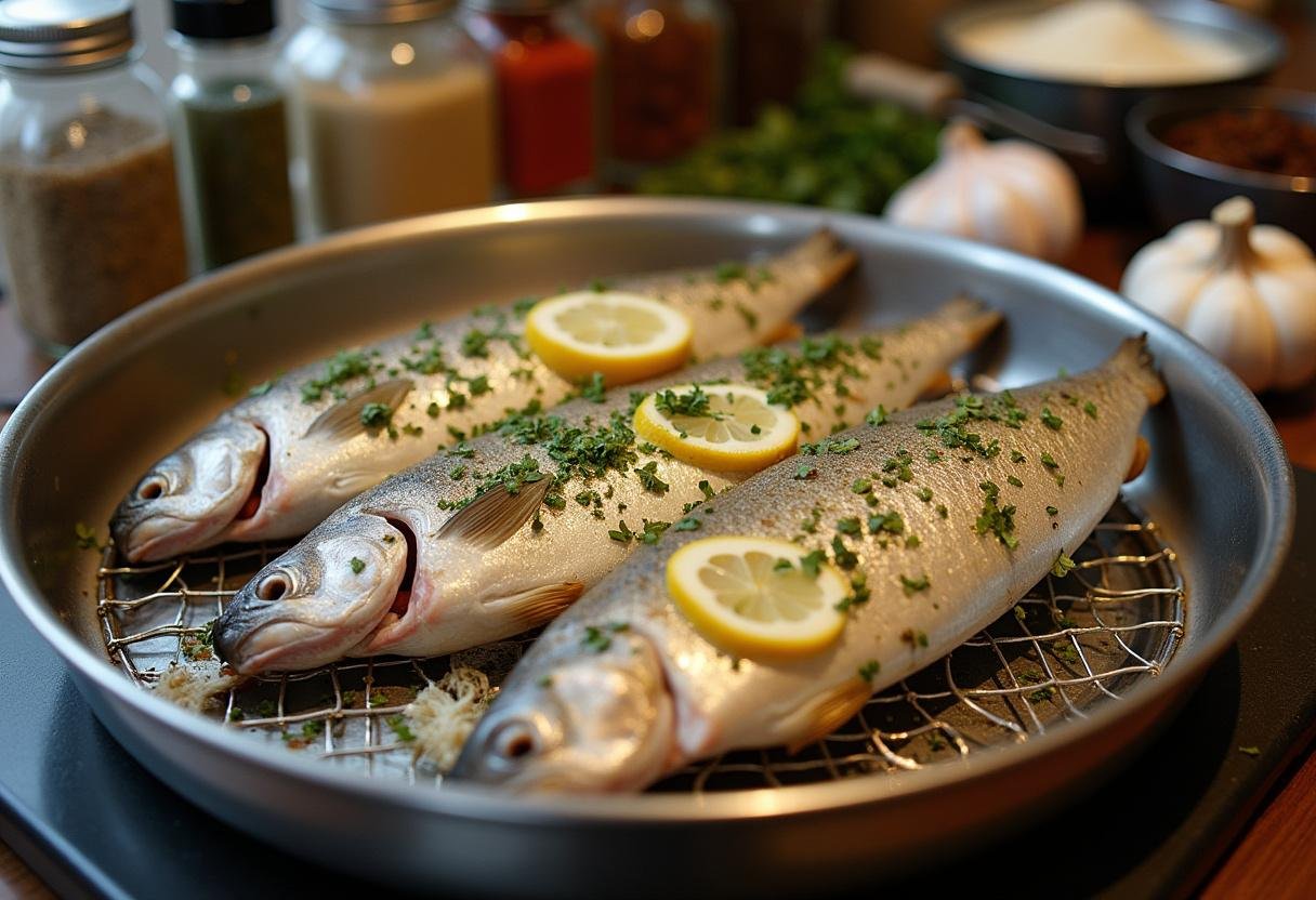 Peixe temperado pronto para ser cozido ao vapor na receita de peixe ao vapor simples.