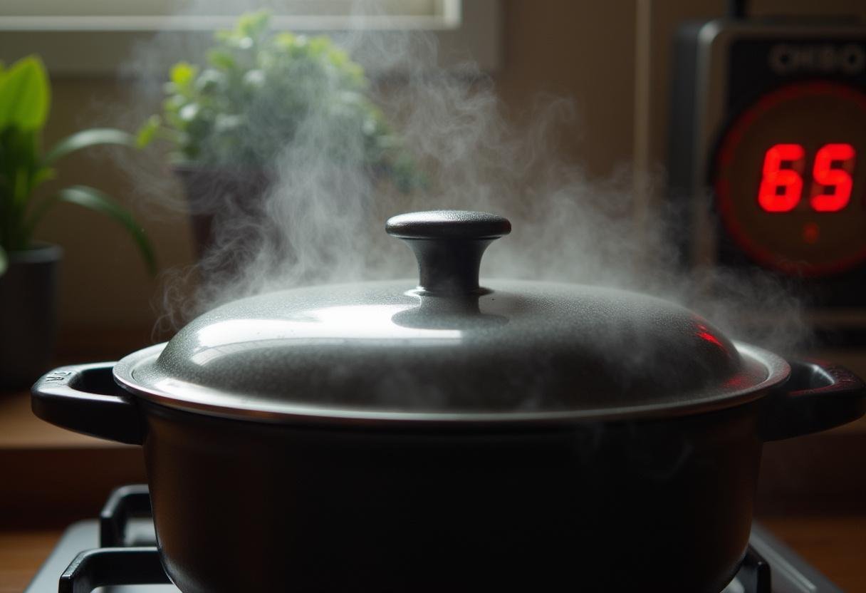 Panela de vapor com peixe sendo cozido ao vapor, aguardando o tempo de cozimento.