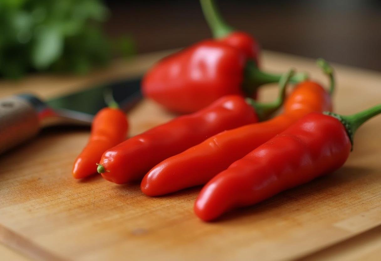 Fresh cayenne peppers on a cutting board, preparing for making pimenta caiena.