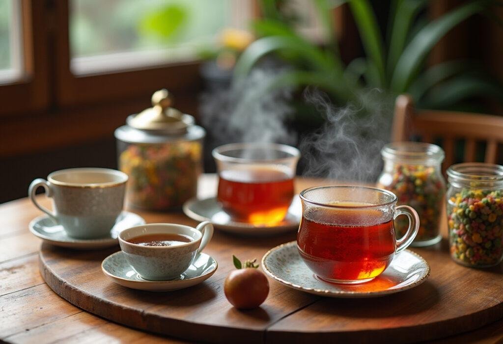 Tea table setup with steaming tea and planta manteiga jars, ideal for afternoon tea.