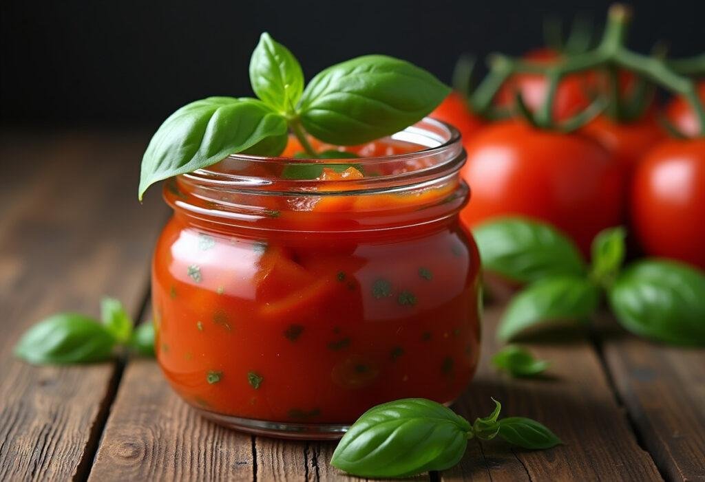 Final presentation of polpa de tomate natural in a jar, showcasing the vibrant color and fresh ingredients.