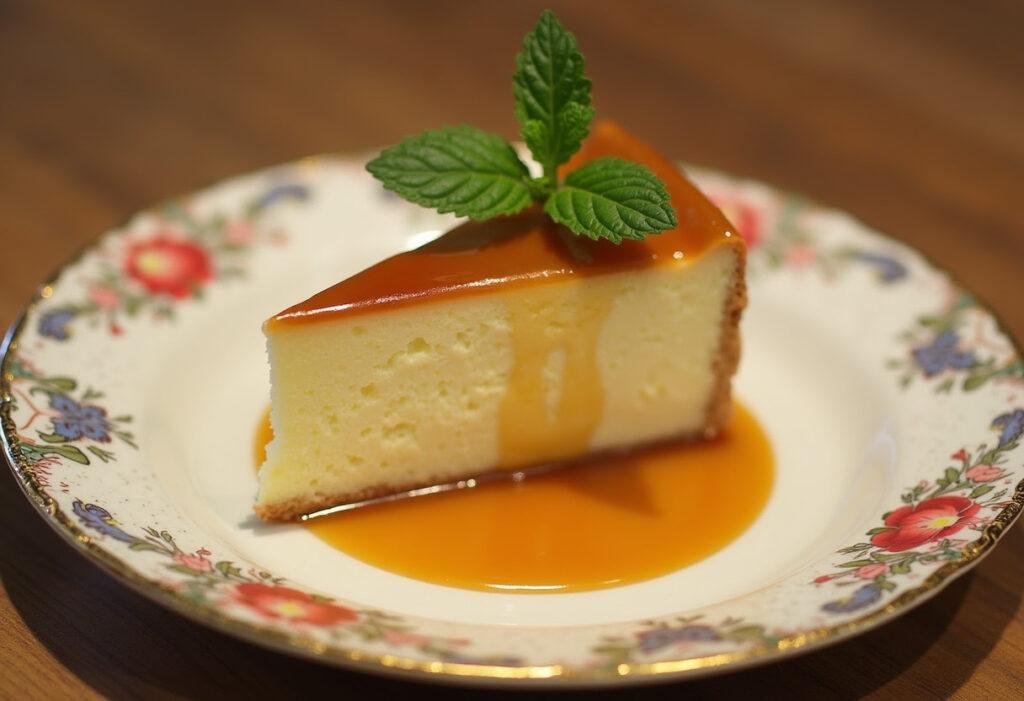 Slice of Pudim Francês Leve served on a plate with caramel sauce, a delightful French pudding.