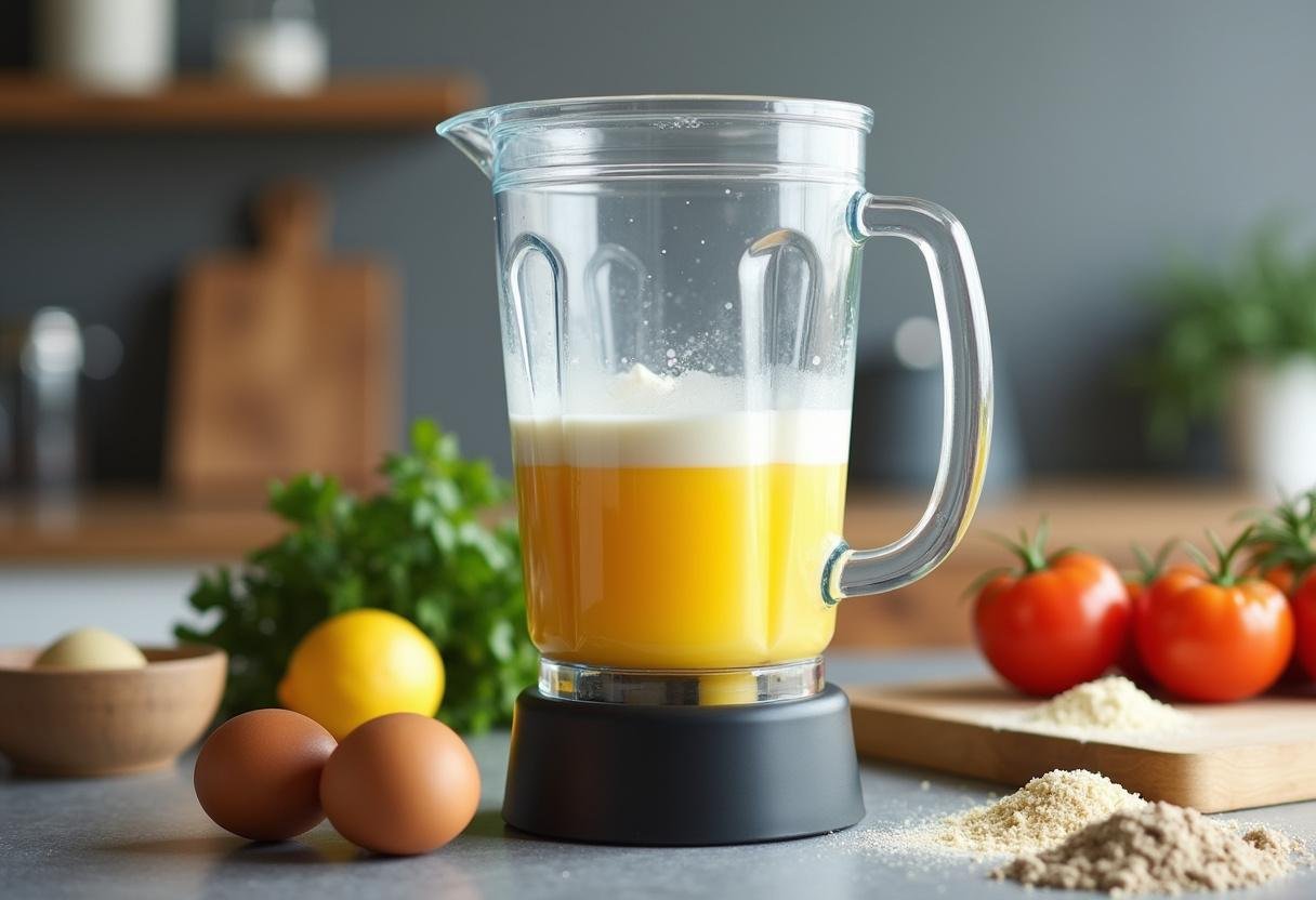 Blender with ingredients for making pudim proteico.