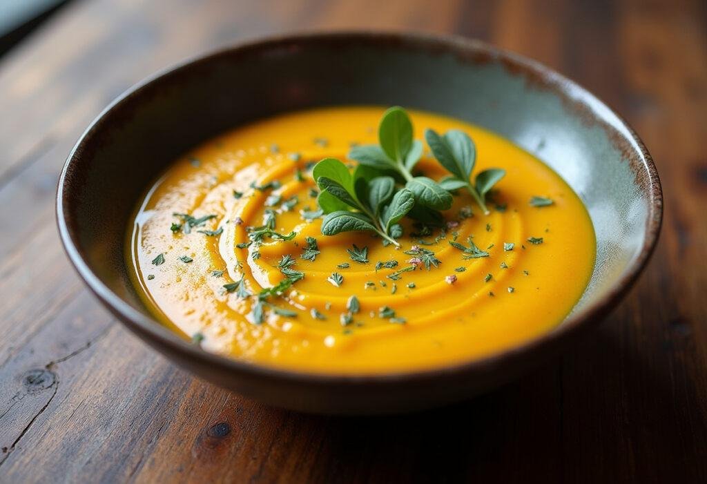 Finished puré de batata doce garnished with herbs, ideal for serving.