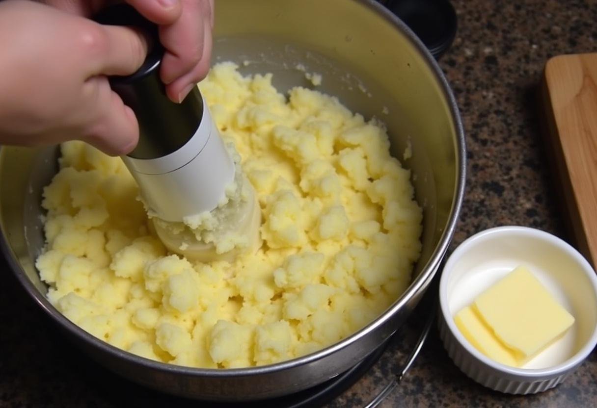 Batatas amassadas sendo preparadas para a receita pure de batata com manteiga e leite.