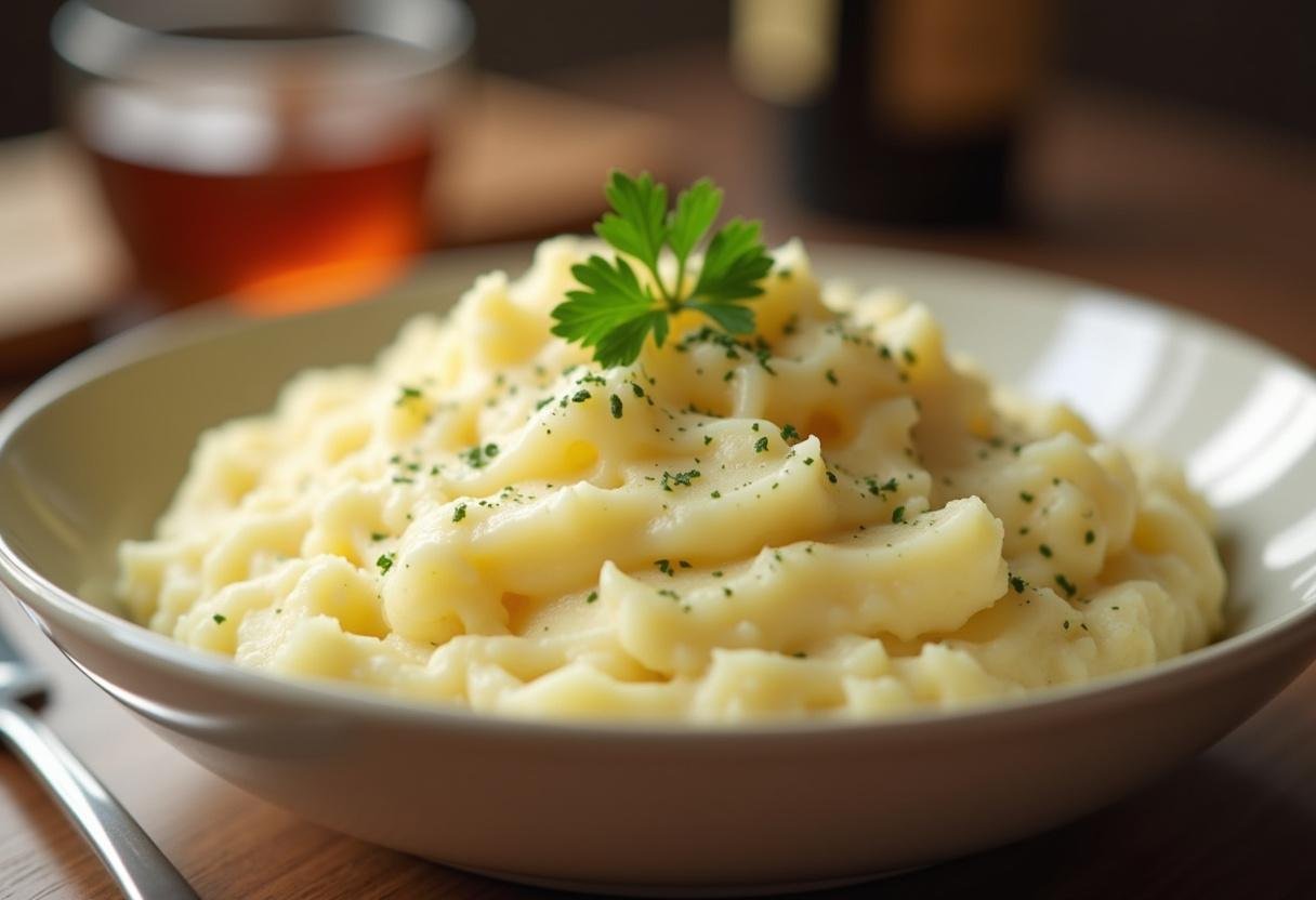 Tigela de puré de batata cremoso pronto para servir na receita pure de batata.