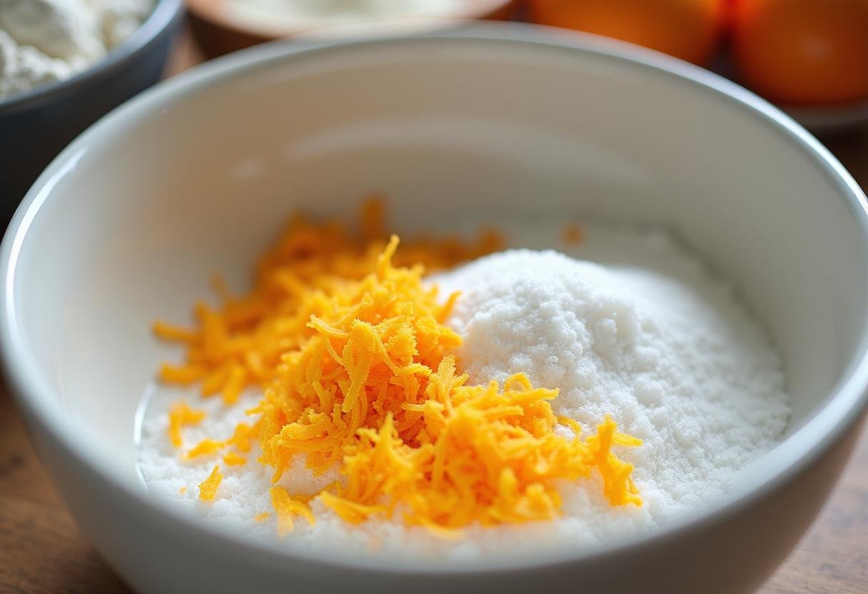 Preparação de queijadas de laranja com raspa de laranja ralada e açúcar.