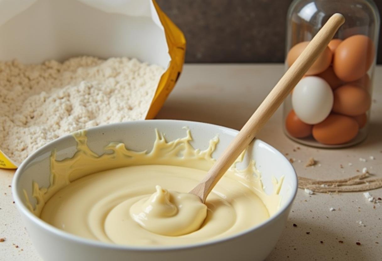 Misturando a massa para queijadas de laranja numa tigela com farinha e ovos à volta.